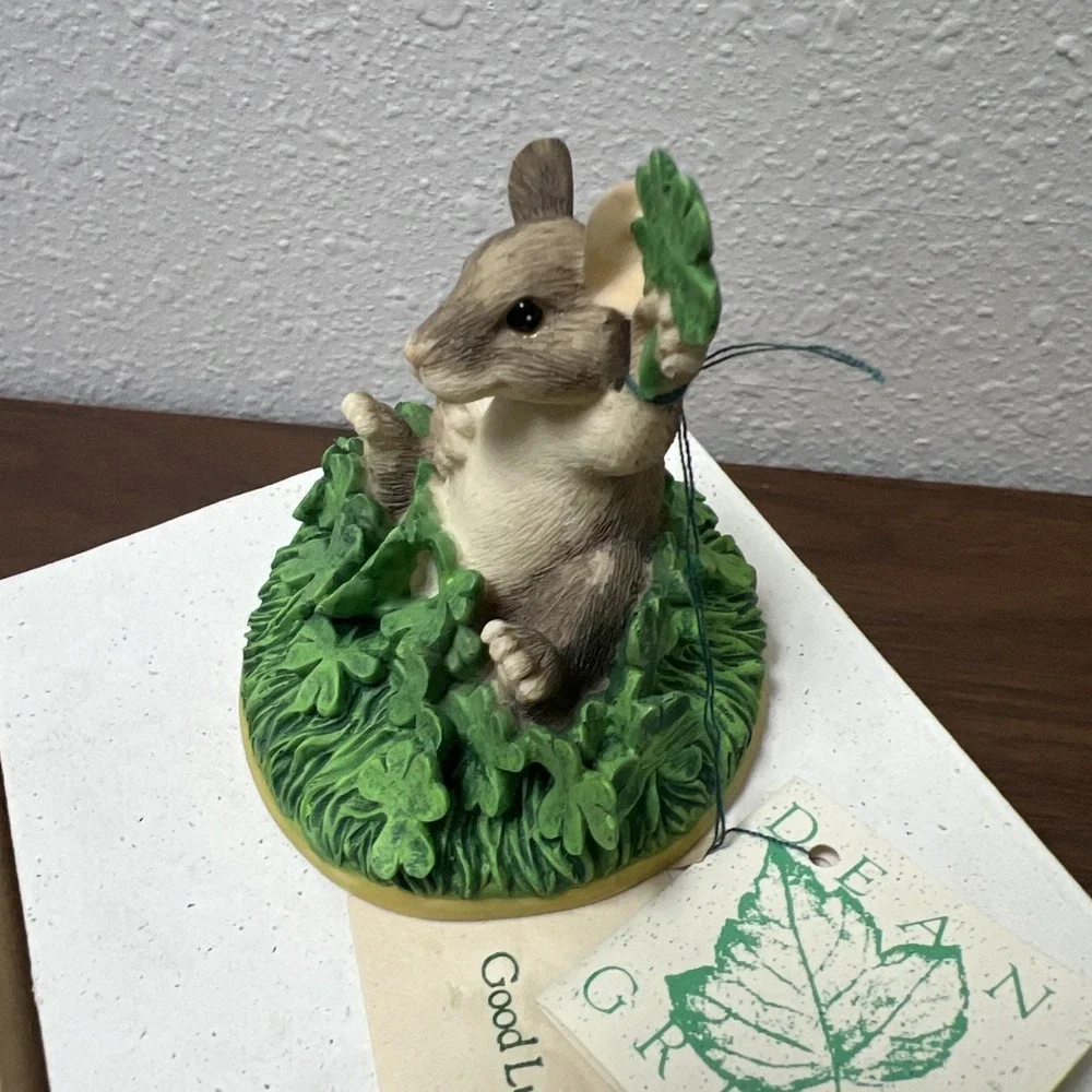 Charming Tails Fitz & Floyd "Good Luck" Mouse 4 Leaf Clover Shamrocks Figurine - Picture 12 of 14